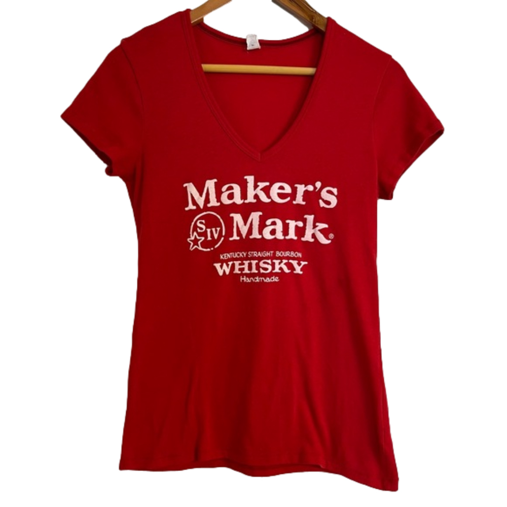 Women’s Maker’s Mark Red Short Sleeve V-Neck Logo Tshirt Size Medium